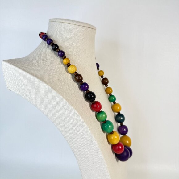 Colorful Rainbow Wooden Bead Necklace Long Length Statement - Picture 5 of 7